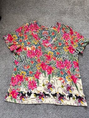 Johnny Was Pink Yellow Floral & Zebra Border Short Sleeve Tee
